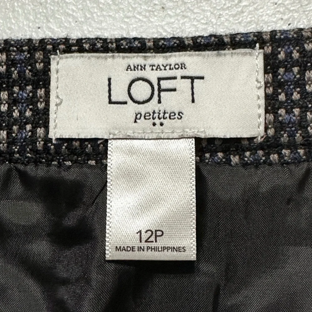 Ann‎ Taylor LOFT Petite Black Blue Geometric Print A-Line Skater Skirt Sz 12